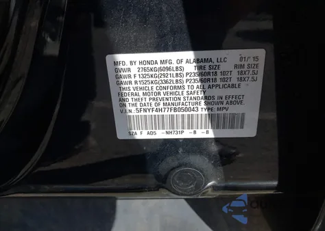 2015 Honda Pilot Ex-L from USA, damaged, VIN 5FNYF4H77FB050043